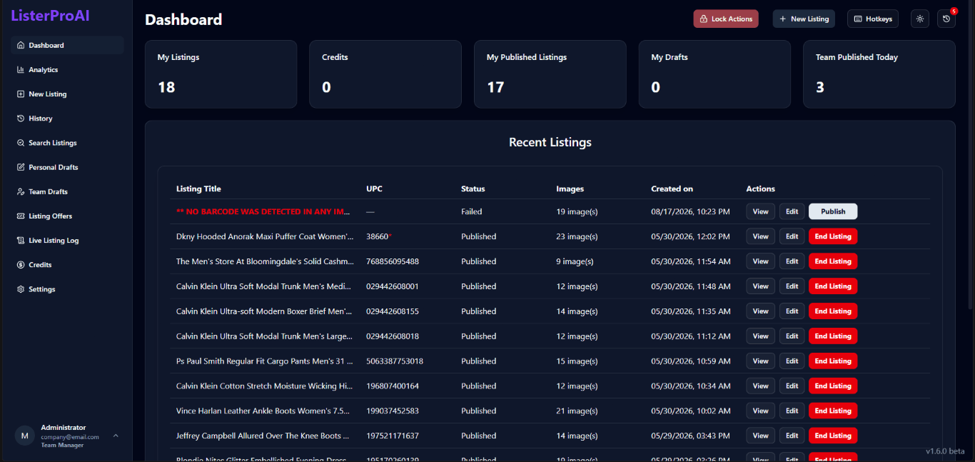 ListerProAI dashboard showing eBay product listings, publishing status, drafts, and team activity